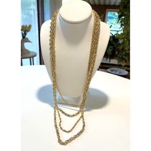 Vintage Crown Trifari Signed 4‎ Strand Gold Tone Chain Layered Necklace 34''